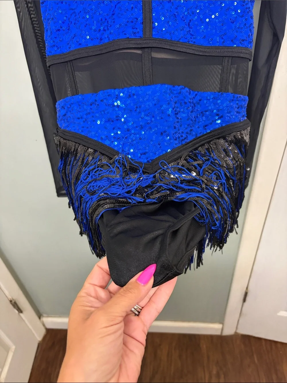 Weissman Royal Blue and Black Sequin Dance Costume with Fringe